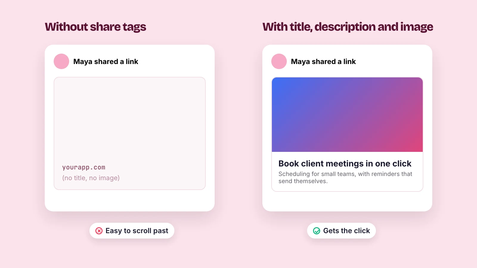 Two link previews side by side: one blank with no title or image, one with a title, a description and a picture